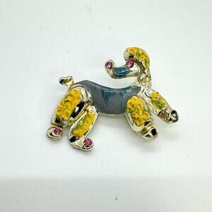 Vintage? Playful Poodle Dog Enamel Brooch Lapel Pin Pink Crystals Gray Yellow